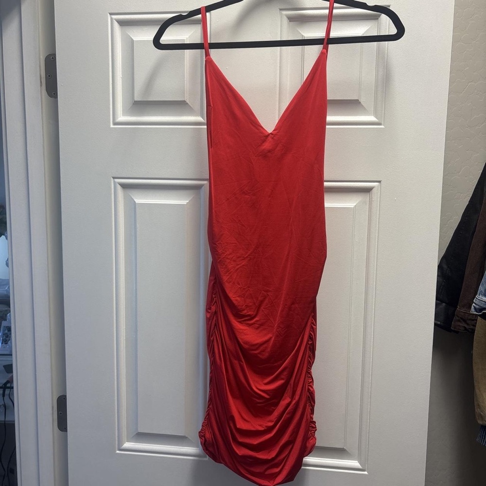 Red Ruched Midi Slip Dress with Spaghetti Straps